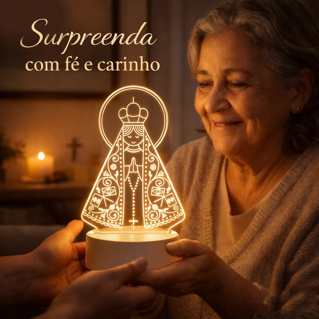 Senhora idosa sorridente segurando com carinho a luminária de Nossa Senhora Aparecida acesa