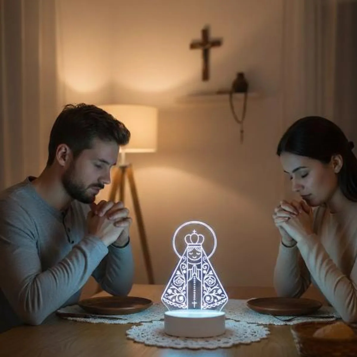 Casal ajoelhado de mãos dadas realizando orações em frente à luminária brilhando no quarto