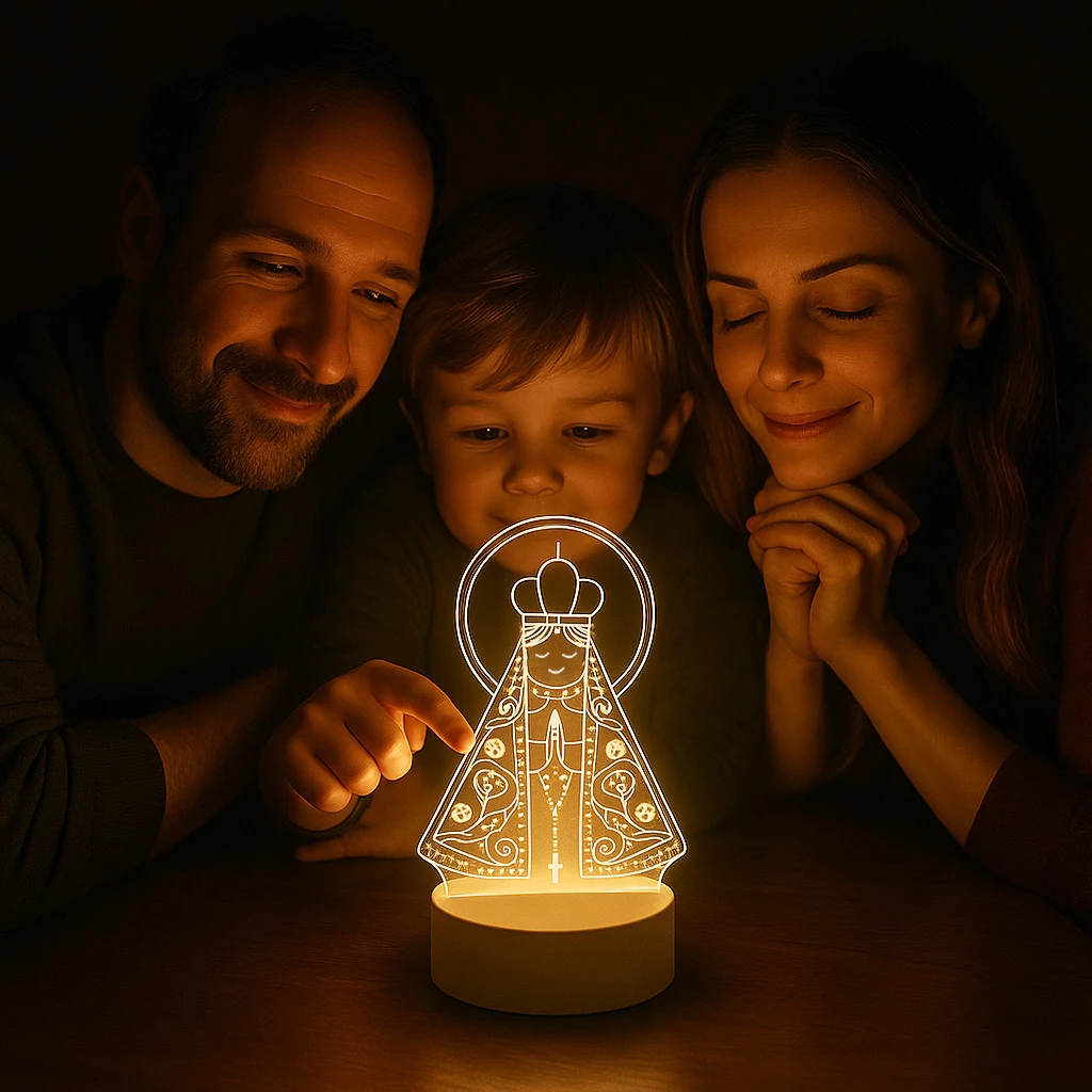 Família feliz com o filho pequeno apontando para o abajur de Nossa Senhora Aparecida aceso no escuro