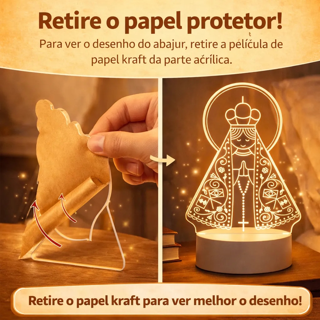 Instruções visuais ensinando a remover a película de papel kraft protetora da placa de acrílico