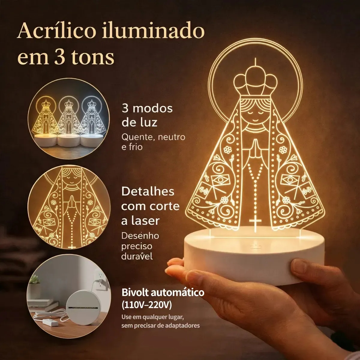 Infográfico detalhado das 3 temperaturas, corte a laser e botão no cabo USB bivolt