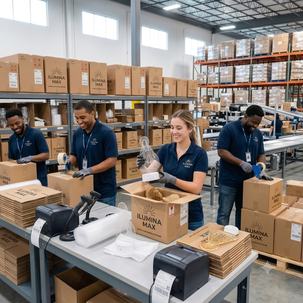Equipe de atendimento e separação organizando caixas prontas de luminárias para envio seguro pelos Correios
